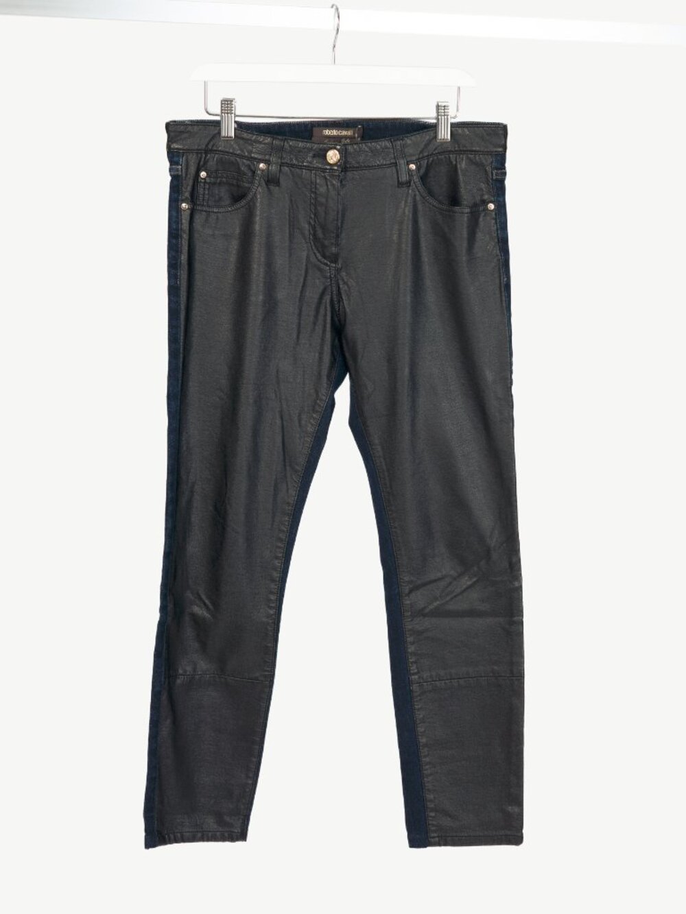 Roberto Cavalli Black Faux-Leather & Blue-Denim Skinny Jeans